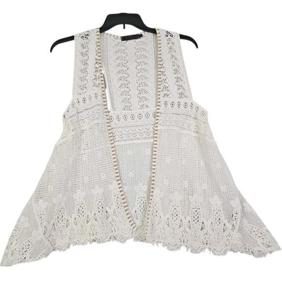 BKE Boutique~Woman Size L~White Crochet Lace Antique Open Front Vest Fringe Boho - Picture 5 of 14